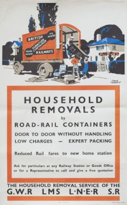 Poster GWR/LMS/LNER/SR WW2 HOUSEHOLD REMOVALS BY ROAD - RAIL CONTAINERS by Frank Newbould. Double