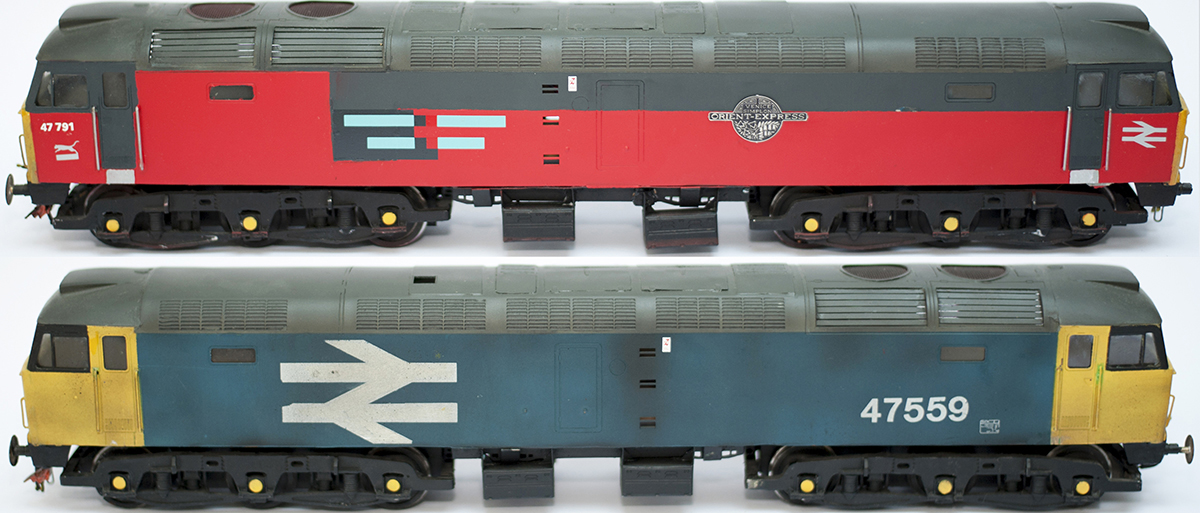 O gauge model diesel locomotive class 47 one side is painted as 47791 Orient Express in RES red