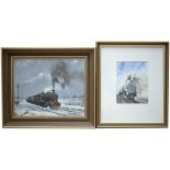 A pair of paintings by PETER ANNABLE GRA, both framed. One is of NER Q6 0-8-0 in the snow hauling