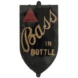 Advertising brewery sign BASS IN A BOTTLE, slate with glass front, measuring 20in x 11in. As removed