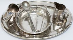 Silverplate items to include: LNER salver 14in long, LNER circular serving dish 7in diameter, LNER