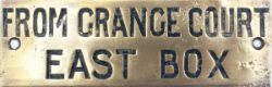 GWR brass Signal Box shelf plate from GRANGE COURT EAST BOX. Hand engraved with original wax infill,