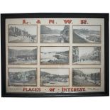 LNWR framed and glazed card advertising panel FULLY TITLED L&NWR PLACES OF INTEREST, EUSTON STATION,