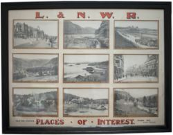 LNWR framed and glazed card advertising panel FULLY TITLED L&NWR PLACES OF INTEREST, EUSTON STATION,