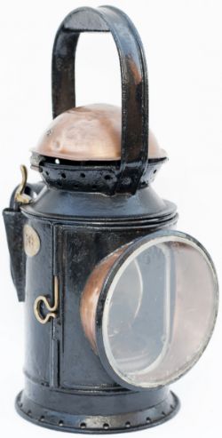 GWR 3 aspect coppertop handlamp with original etched GWR front lens and original reservoir and GWR