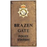 Police station brass sign BRAZEN GATE POLICE STATION with South Yorkshire Police badge at the top.