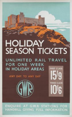 Poster GWR HOLIDAY SEASON TICKETS by Arthur Sawyer dating from the 1930's, a view of Harlech