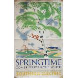 Poster Southern Railway SPRINGTIME COMES FIRST IN THE SOUTH by Roram. Double royal 25in x 40in,