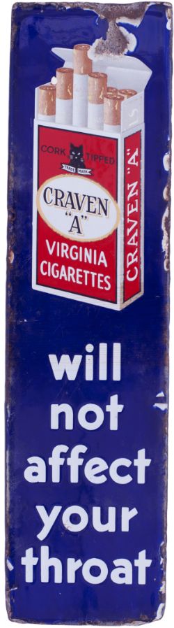 Enamel fingerplate sign CRAVEN A WILL NOT AFFECT YOUR THROAT. Semi pictorial measuring 13in x 3.