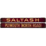 GWR / BR-W wooden carriage board PLYMOUTH [NORTH ROAD] - SALTASH, painted straw on maroon and