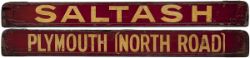 GWR / BR-W wooden carriage board PLYMOUTH [NORTH ROAD] - SALTASH, painted straw on maroon and