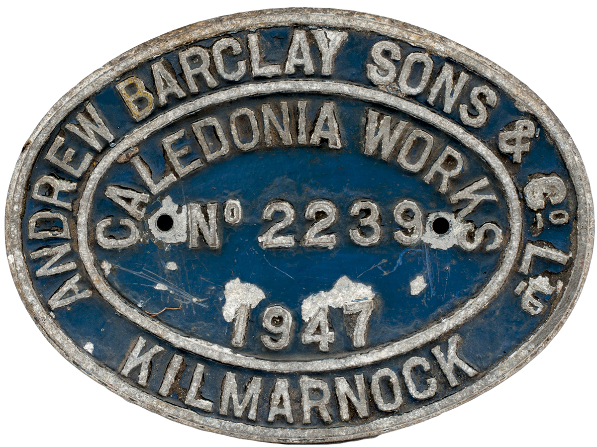 Worksplate oval cast aluminium ANDREW BARCLAY SONS & CO LTD KILMARNOCK NO 2239 1947. Ex 0-4-0 ST, in