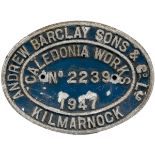 Worksplate oval cast aluminium ANDREW BARCLAY SONS & CO LTD KILMARNOCK NO 2239 1947. Ex 0-4-0 ST, in