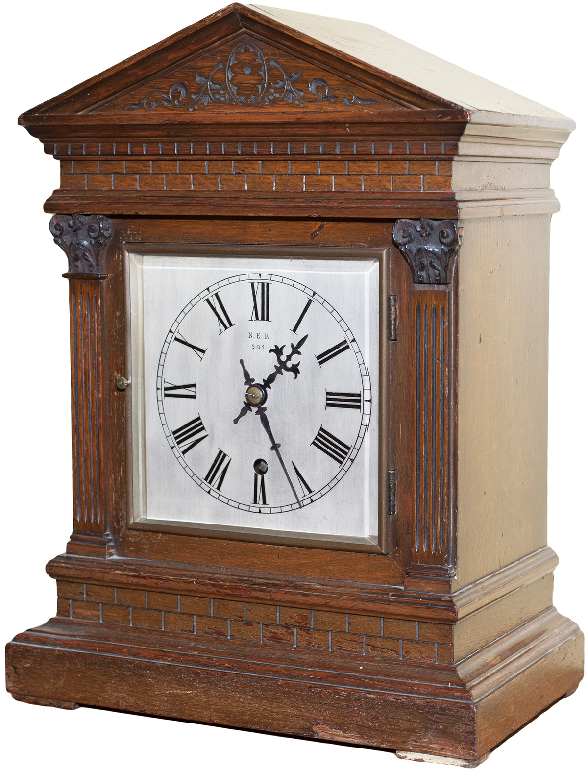 North Eastern Railway 6 inch Gothic Style Oak cased silvered dial railway clock in a bracket style