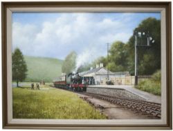 Original oil painting by DON BRECKON dated 1983 of GWR 2-6-2T No 5502 at LOOE STATION. Painting size