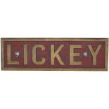 Nameplate LICKEY rectangular cast brass ex 0-6-0DE built by BR Derby in 1952, numbered D3011 and
