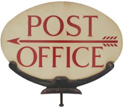 POST OFFICE enamel sign, double sided complete with mounting bracket, as fitted on top of pillar box