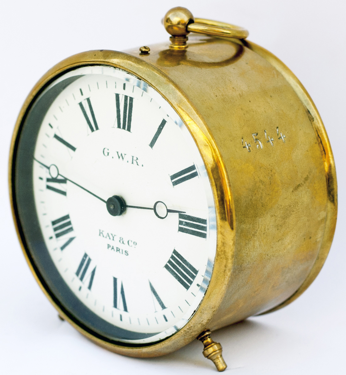 GWR brass drum clock with enamelled dial GWR KAY & CO PARIS. Case and movement stamped 4544 and