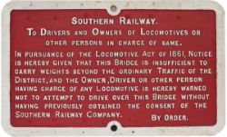 Southern Railway cast iron BRIDGE NOTICE. It has been repaired with two steel bars on the back by