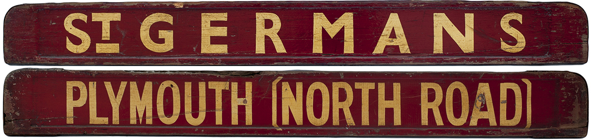 GWR / BR-W wooden carriage board PLYMOUTH [NORTH ROAD] - St GERMANS, painted straw on maroon and