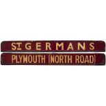 GWR / BR-W wooden carriage board PLYMOUTH [NORTH ROAD] - St GERMANS, painted straw on maroon and