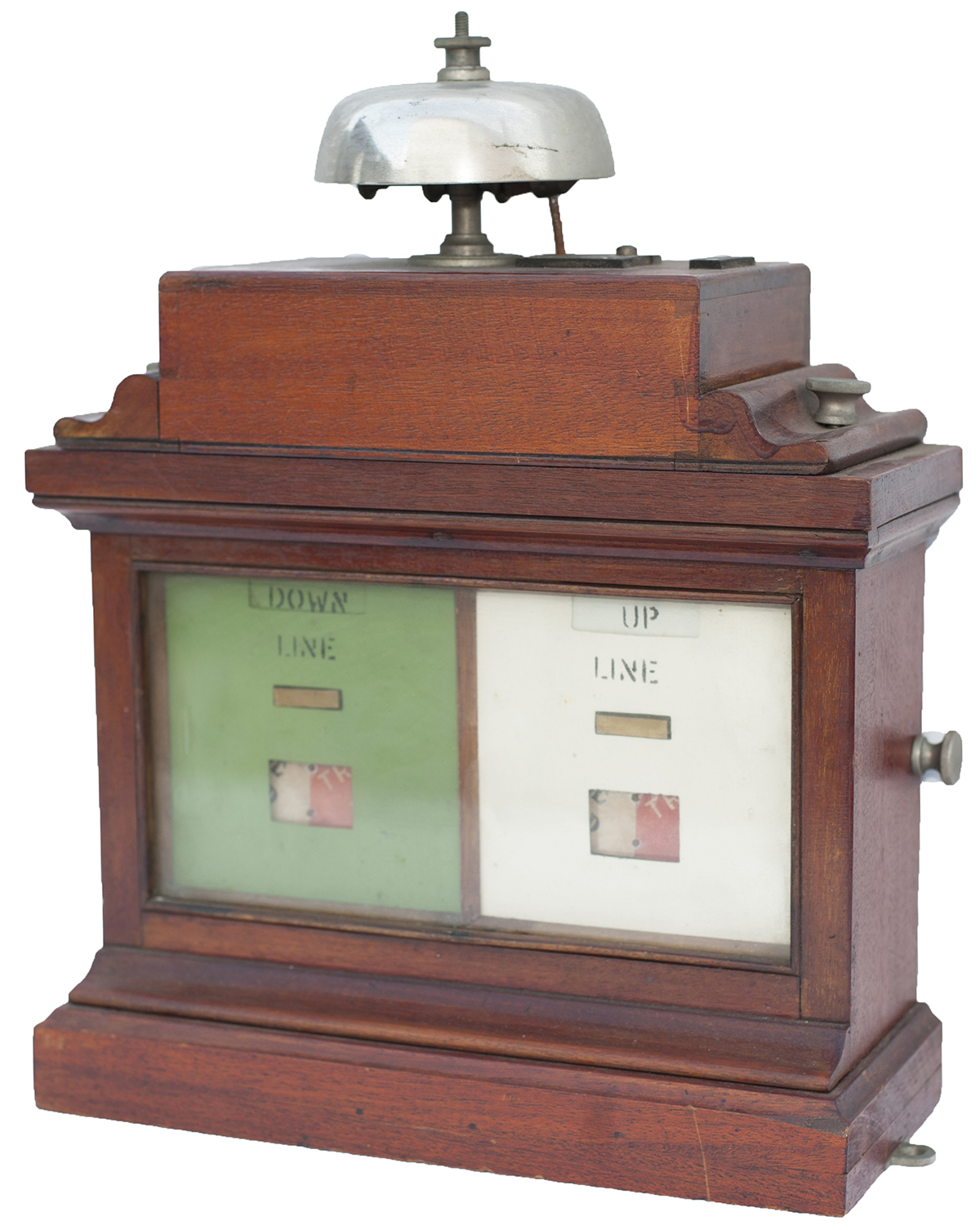 GWR double line crossing keepers mahogany cased instrument complete with bell mounted on the top,