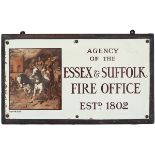 Enamel sign AGENCY OF THE ESSEX & SUFFOLK FIRE OFFICE ESTD 1802. Semi pictorial, measuring 16in x