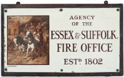 Enamel sign AGENCY OF THE ESSEX & SUFFOLK FIRE OFFICE ESTD 1802. Semi pictorial, measuring 16in x