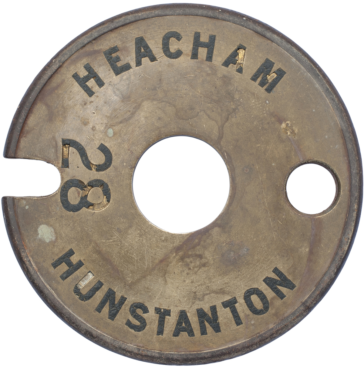 Tyers No 6 brass and steel single line tablet HEACHAM 28 HUNSTANTON. From the former Great Eastern