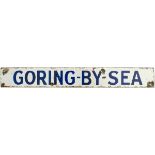 Destination enamel sign GORING-BY-SEA from the Brighton Station train departure Indicator. Blue on