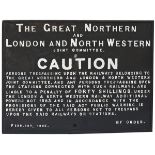 Great Northern and London and North Western Joint Committee cast iron TRESPASS sign. It has had some