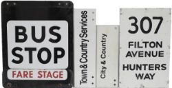 A selection of bus signs from the Bristol area: Enamel double sided BUS STOP with separate fare