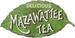 Advertising enamel in the shape of a Tea Leaf DELICIOUS MAZAWATTEE TEA. A rare enamel with a small