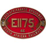 South African Railways dual language brass Cabside Numberplate E1175 6E. Ex Class 6E 3 ft 6 in Gauge