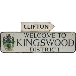 A pair of Bristol area road signs. One WELCOME TO KINGSWOOD DISTRICT, 53in x 15in, reflective