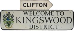 A pair of Bristol area road signs. One WELCOME TO KINGSWOOD DISTRICT, 53in x 15in, reflective