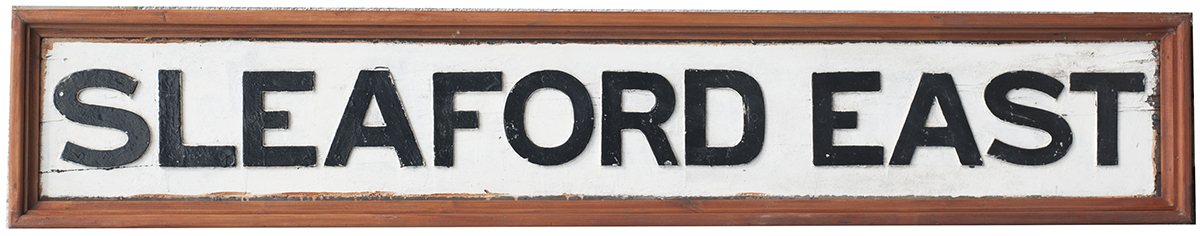 Signal Boxboard SLEAFORD EAST, wood with cast iron letters. Some restoration to beading, measures