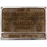 Worksplate BUILT BY THE BIRMINGHAM RAILWAY CARRIAGE & WAGON CO LTD 1958 SERIAL NO DEL 58 ex Type 2