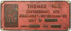 Worksplate rectangular brass THOMAS HILL ROTHERHAM LTD UNIT No 294V BUILT 6-8-81. From 60-ton 0-6-