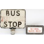 A pair of bus signs from the Bristol area: a double sided cast aluminium BUS STOP FARE STAGE and a