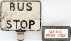 A pair of bus signs from the Bristol area: a double sided cast aluminium BUS STOP FARE STAGE and a
