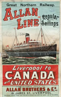 Poster GREAT NORTHERN RAILWAY ALLAN LINE REGULAR SAILINGS LIVERPOOL TO CANADA AND UNITED STATES.
