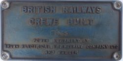 Diesel worksplate BRITISH RAILWAYS CREWE BUILT 1965 POWER EQUIPMENT BY BRUSH ELECTRICAL