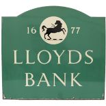 Enamel advertising sign LLOYDS BANK 1677 in excellent condition measuring 26in x 24in.