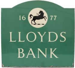 Enamel advertising sign LLOYDS BANK 1677 in excellent condition measuring 26in x 24in.