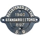 Cast iron wagon registration plate REGISTERED BY THE S.R STANDARD 11 TONS 1940. Complete and with