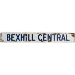 Destination enamel sign BEXHILL CENTRAL from the Brighton Station train departure Indicator. Blue on