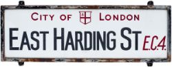 City Of London EAST HARDING ST EC4 china glass street sign, complete with original steel frame.