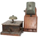 Signal box wall mounted block bell, mahogany case with large cowbell in good condition together with