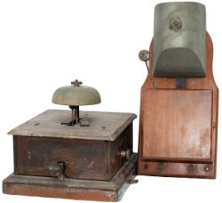 Signal box wall mounted block bell, mahogany case with large cowbell in good condition together with